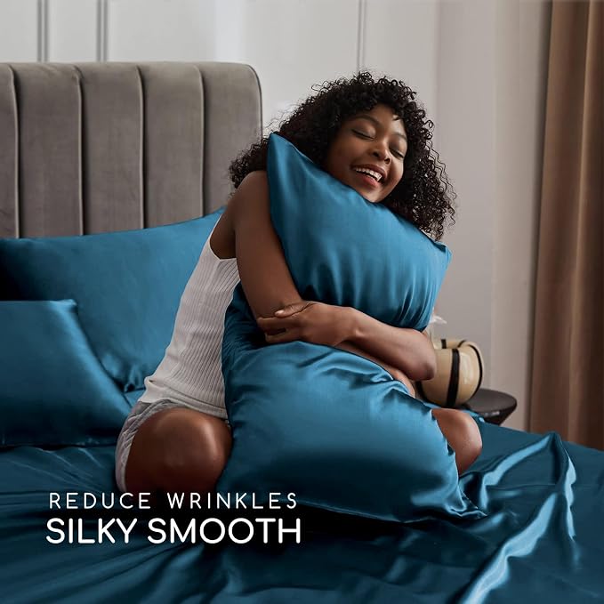 MR&HM Satin Sheets Twin XL Size with Elastic Corner Straps, Teal | Similar to Silk, 3-Piece Silky Soft Bed Sheet Set, Gentle on Skin and Hair, 15" Deep Pocket, Cooling & Breathable