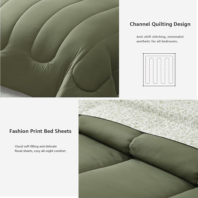 Monbix Queen Comforter Set - 7 Pieces Soft Bed in a Bag Queen Bedding Sets | All Season Green Track Stitching Comforter Bed Set with Printed Sheets, Pillowcases & Shams