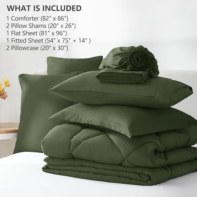 Full Size Comforter Sets Olive Green - 7 Pieces Bed in a Bag | OEKO-TEX Certified, All Season, 240GSM Down-Alternative Comforter, Sheets, Pillowcases & Shams, 14" Deep Pocket, Easy Care