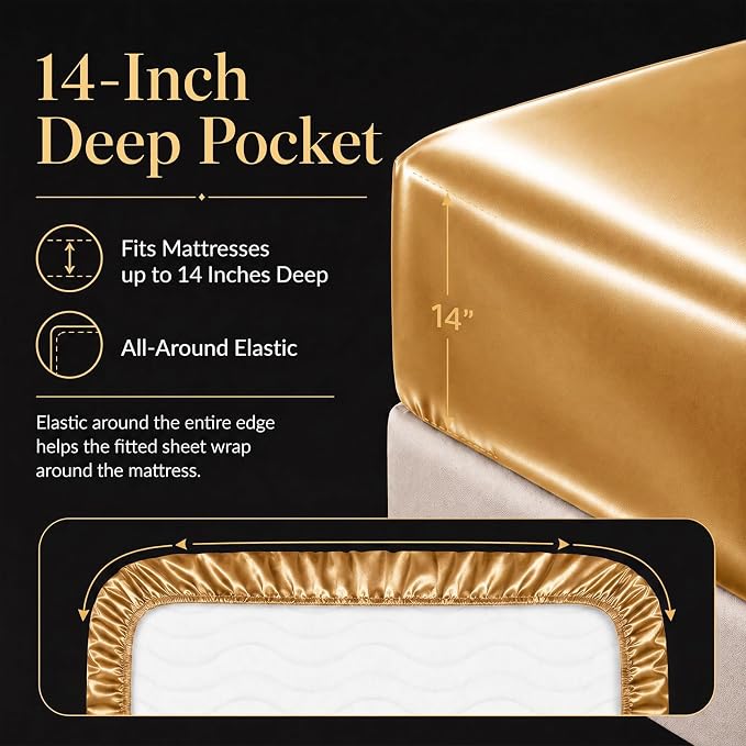 CozyLux Satin Sheets King, 4-Piece 14-Inch Deep Pocket Sheet Set | OEKO-TEX Certified Silky Soft Sheet Set for Hair & Skin, Luxurious Silky-Smooth Satin for Elegant Bedroom Decor, Gold