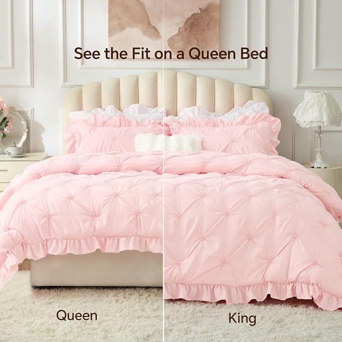 BEDELITE King Comforter Set Ruffle-Baby Pink,Lightweight & Soft Comforter | Pintuck Boho Bedding, Warm & Cute Bed Set for All Season,With 2 Pillowcases