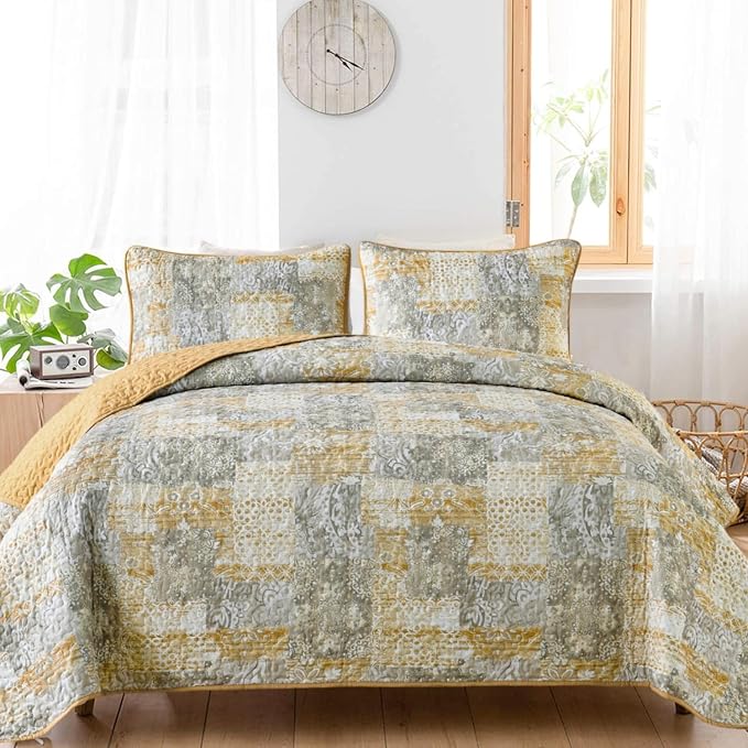 Mybedsoul Boho Quilt King Size, Patchwork Reversible Bedding Set, Yellow | Soft Lightweight Microfiber Floral Coverlet Set, 3 Pieces Plaid Bedspread, Bed Sets for All Seasons 90"x110"