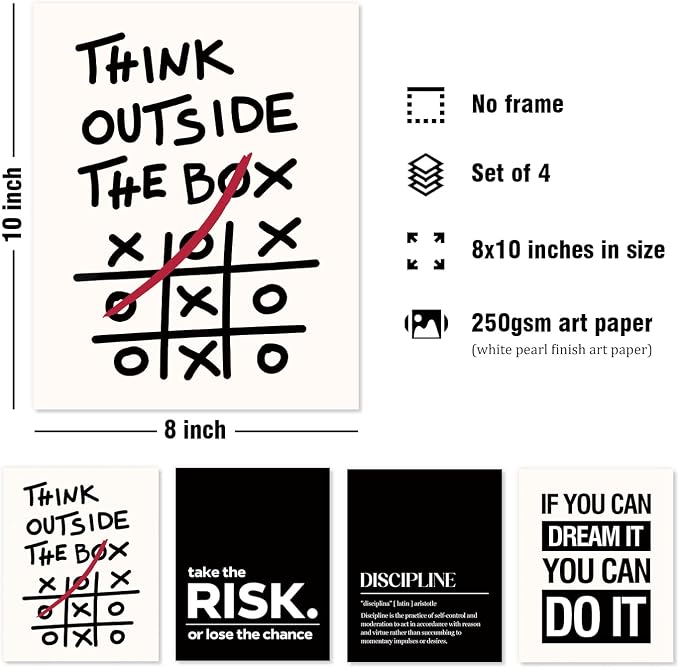 DSHFG Office Motivational Inspirational Wall Art Prints Set of 4 | Motivational Balck Office Positive Affirmations Wall Decor Posters, Inspirational Quotes Wall Art, 8x10 Unframed