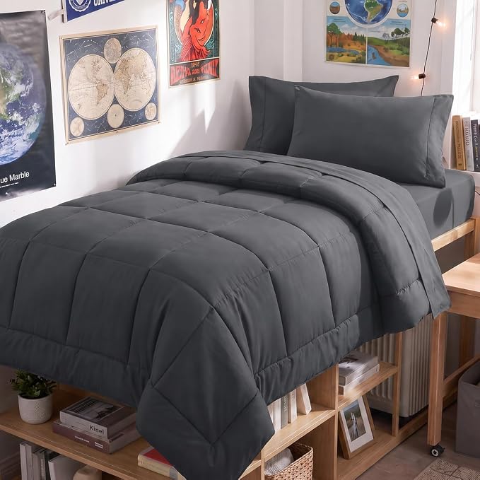 Twin Comforter Set Dark Grey - 5 Pieces Bed in a Bag | OEKO-TEX Certified, All-Season, Student, Single, Dorm, Down-Alternative Comforter, Flat & Fitted Sheets, 2 Pillowcases