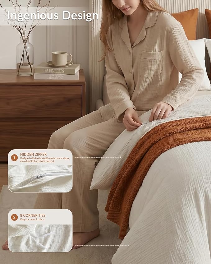 SE SOFTEXLY Muslin Duvet Cover Queen Size, 100% Washed Cotton Duvet Cover Set, Ultra Soft Comforter Cover Linen Like, 3 Pieces Minimalist Gauze Duvet Cover with 2 Pillowcases, 80"x90", White