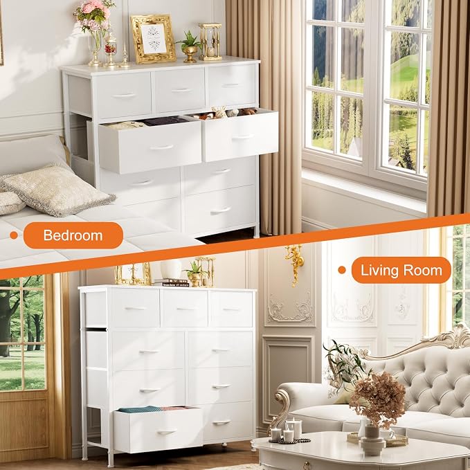 Sweetcrispy 9 Drawer Fabric Dresser Storage Tower Drawer Organizer, White | Sturdy Steel Frame with Wood-top, Easy-pull Handle, Space-Saving Organizer Chest for Bedroom, Closet, Lightweight and Stable