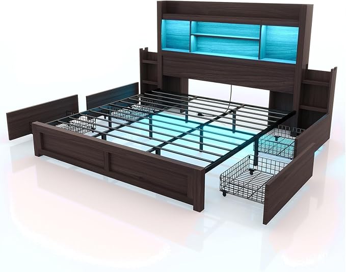 LUXOAK California King Bed Frame with Storage, Bookcase Headboard,Black | 49.6" Headboard, Wood Platform Bed, Charging Station, Bedside Storage, 4 Storage Drawers, No Box Spring Needed, Farmhouse