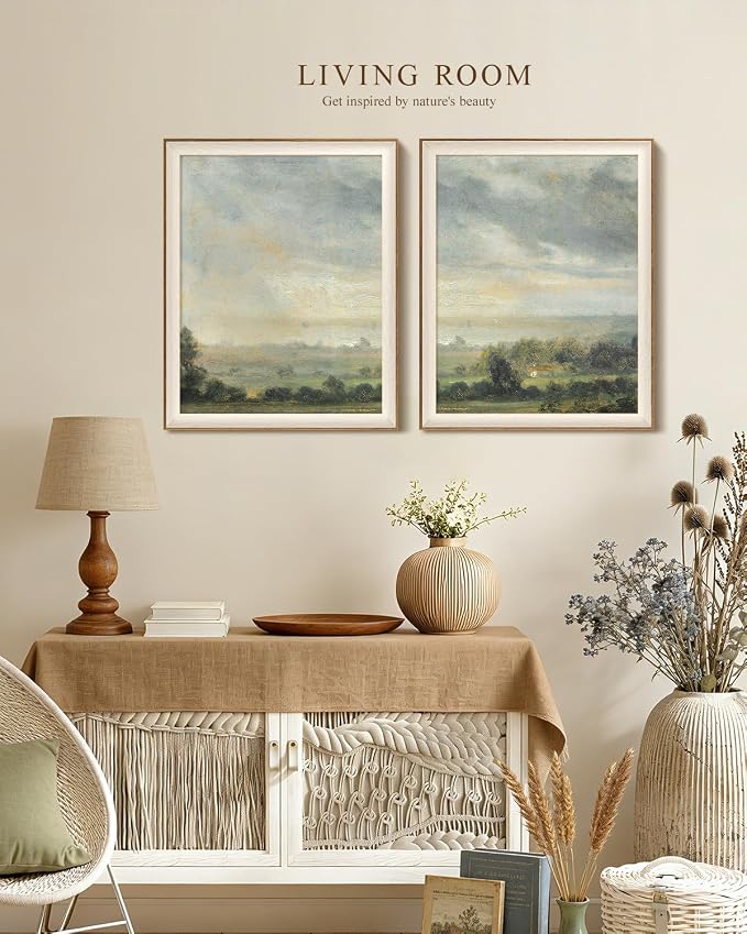 VIYYIEA Framed Vintage Landscape Wall Art Set of 2, Rustic Pastoral Countryside Canvas Painting Print, Moody Impressionist Decor for Living Room Bedroom, 16x20 Inch