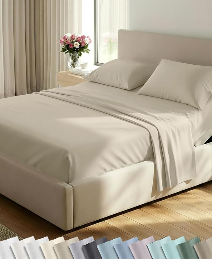 California Design Den 600 Thread Count Split King Bed Sheets, 5 Pcs, Beige | 100% Cotton Sateen, Good Housekeeping Seal, Split King Sheets Sets for Adjustable Bed with 2 Separate Twin-XL Mattresses