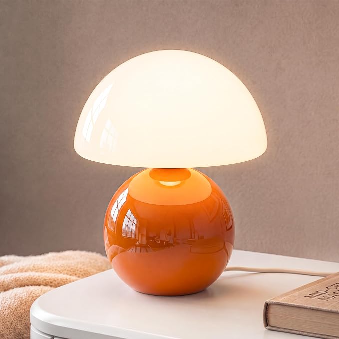 Mushroom Lamp Table Lamp for Bedroom-Small Desk Table Lamps,Orange | 8.7" Mid Century Modern Table Lamps for Living Room Bedroom Decor,Cute Ceramic Lamps for Mushroom Home Room Decor,Glass Shade