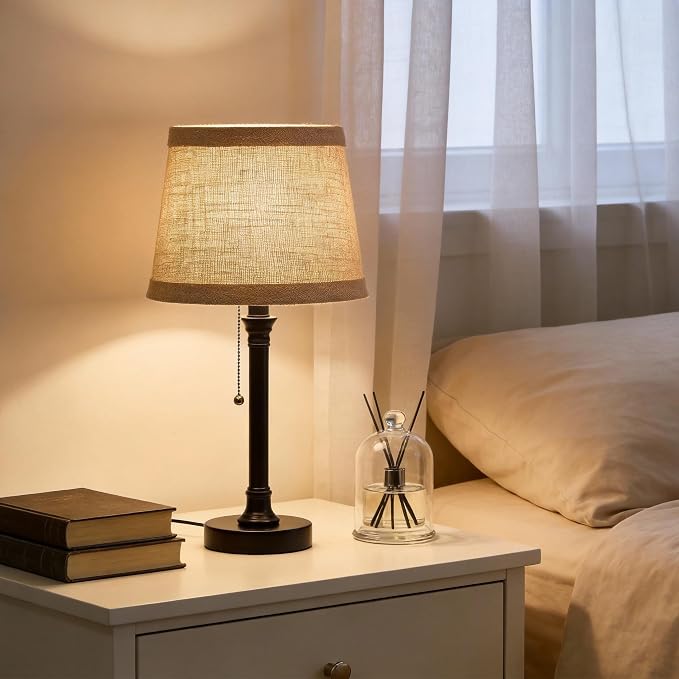 19.5" Small Table Lamp for Bedroom, Rustic Black Lamp, USB A+C | Pull Chain Switch Bedside Table Lamps, Natural Shade, Small Farmhouse Nightstand Lamp for Living Room End Table & Desk Light