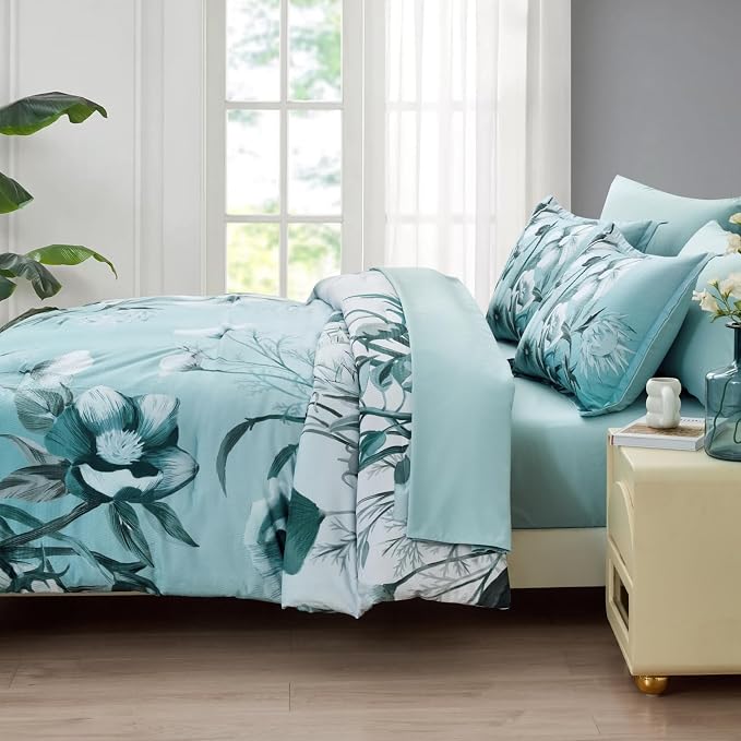 Floral Comforter Set Twin Size 7 Piece, Aqua Flower Bed in a Bag, Elegant Gradient Floral Comforter with Sheet Set, Soft Seersucker Microfiber Bedding Set for All Season (Aqua, 68"x86")