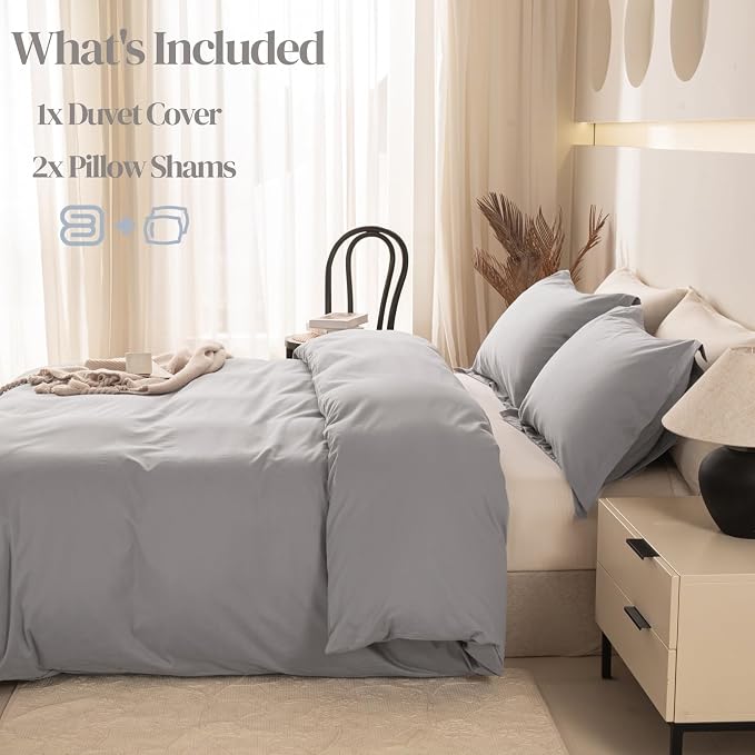OAITE Duvet Cover Set 100% Washed Cotton Solid 3pcs | Soft,Durable,Long-staple Cotton,Hidden Zipper with 8 Interior Corner Ties,2 Pillowcases