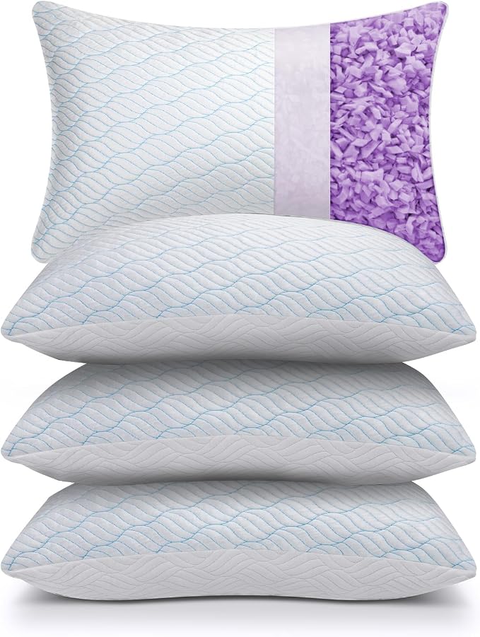 WISHSMILE Cooling Shredded Memory Foam Pillows King Size 4 Pack | Neck comfort, firm support, odorless, cooling, customizable height, machine washable, CertiPUR-US hypoallergenic bed pillow