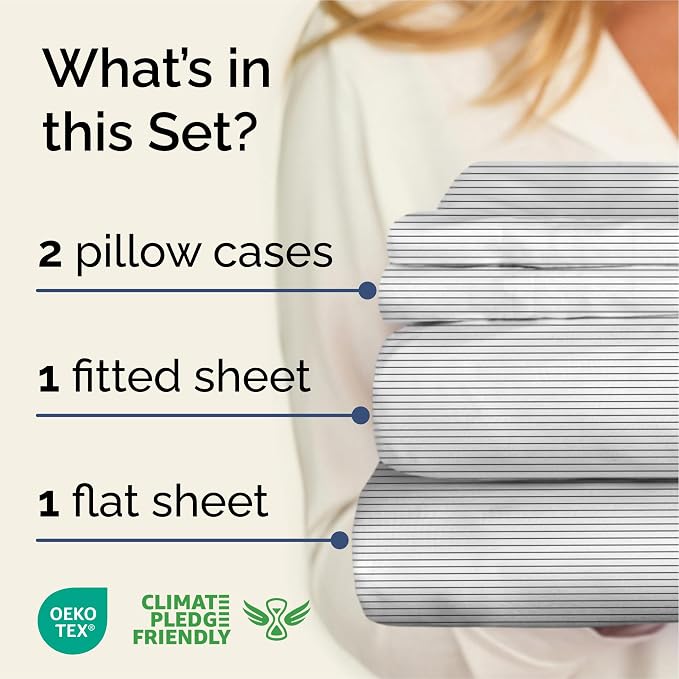 Queen 4 Piece Striped Sheet Set - Soft, Breathable & Cooling - Fine Lines | 1 Flat, 1 Fitted & 2 Pillowcases w/ Deep Pockets, Luxury Striped Bedding, Soft, Breathable & Cooling, Wrinkle & Fade Free