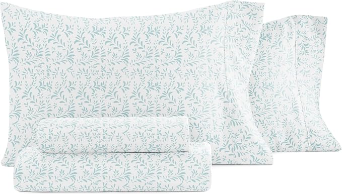 Linen Market Double-Brushed Patterned Microfiber California King Sheet Set 4 Piece – Oeko-TEX Certified Ultra Soft & Wrinkle-Free - 16" Deep Pocket Sheets Easy Care Cal-King Size - Vines Light Blue