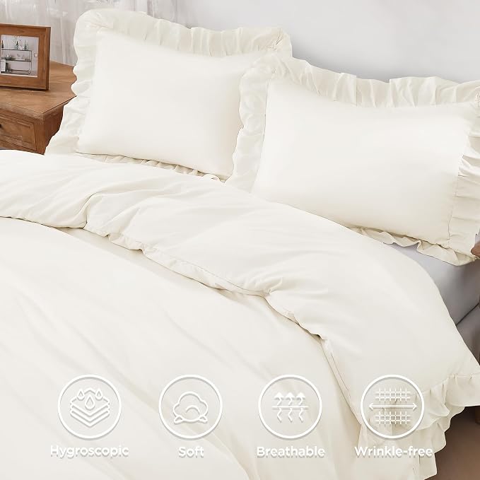 Andency Ivory Ruffle Duvet Cover King, Shabby Chic Farmhouse Bedding Set | 3 Pieces Soft Washed Polyester Vintage Ruffled Comforter Cover Set with Zipper Closure & Corner Ties, 104x90Inch