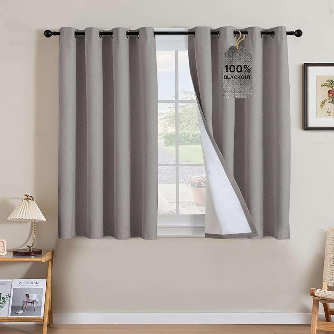 H.VERSAILTEX Linen Curtains 100% Blackout Curtains for Bedroom 45 inch Long Full Light Blocking Nature Linen Blended Window Curtains for Living Room Nickel Grommet (2 Panels, Heathered Dove)