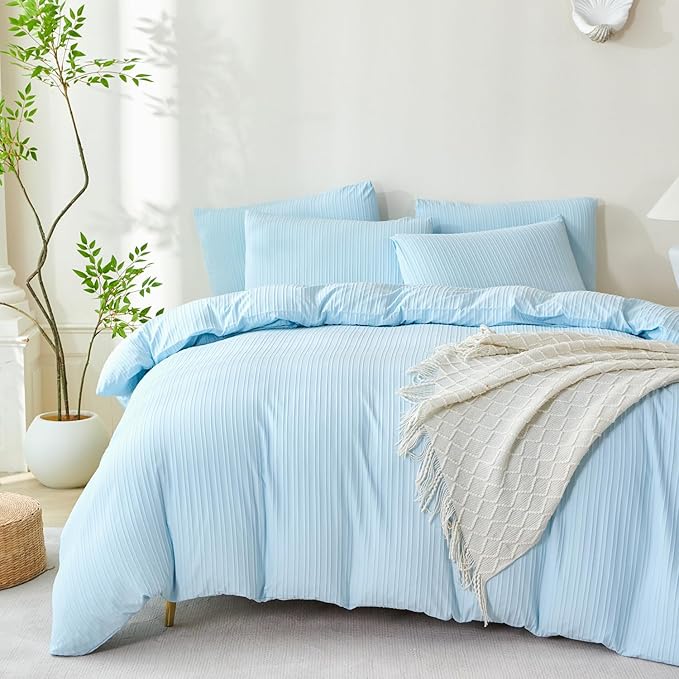 Light Blue Striped Comforter Set Queen Soft Luxury Washed Microfiber Jacquard 3 Pieces Bedding, Blue Vertical Ticking Stripes Comforter with 2 Pillowcases Breathable Durable Comfy