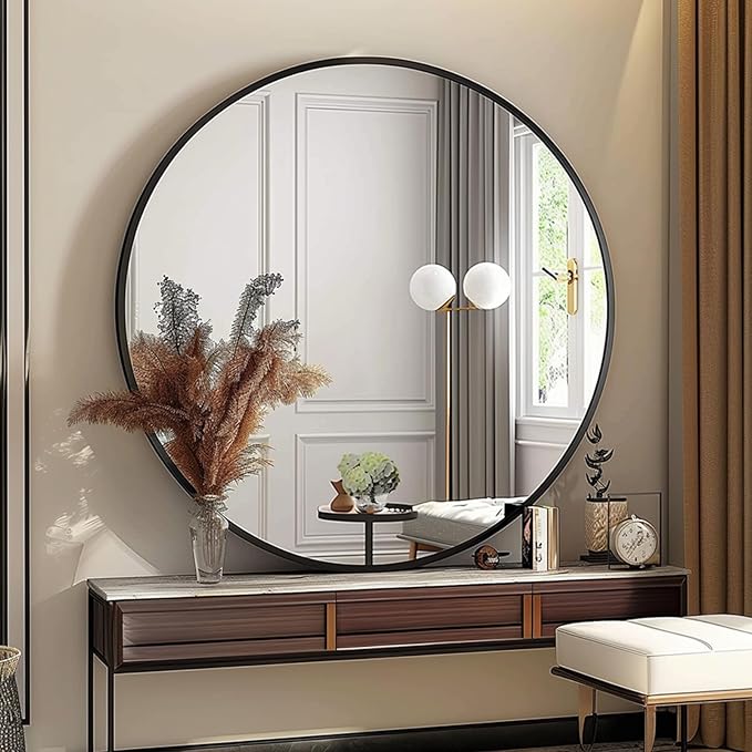 Large Round Mirror, Circle Mirror 30 inch, Matte Black Metal Frame | High Definition Mirror, Rust-resistant, Easy Installation, Circular Mirrors for Living room Cloakroom, Hallway, Bathroom