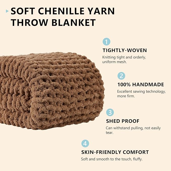 L'AGRATY Chunky Knit Throw Blanket for Couch, 72'' x 84'' Knit Throw, Brown | Handmade Chenille Crochet Blanket for Sofa Bed, Thick Cable Knitted Blankets for Room Home Decor, Birthday Gift for Women Mom