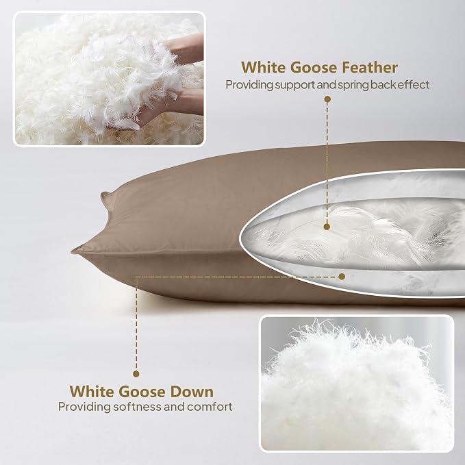 Goose Down Body Pillows for Adults, Large Body Pillow for Side Sleeper, Hugging Feather Body Pillow Insert, Cooling Full Length Long Pillow for Bed with 100% Organic Cotton Shell, 20"x72"
