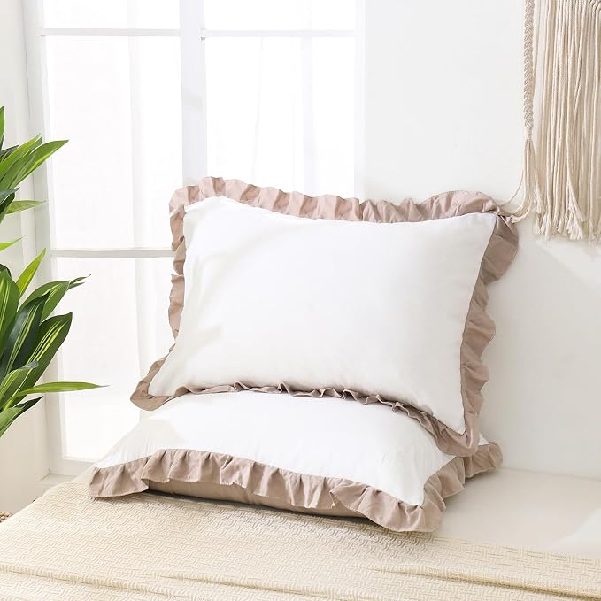 Merryword Taupe Pillow Shams White and Taupe Reversible King Pillowcases Cute Pillow Cover Set of 2 Soft Shabby Chic Ruffled Pillowcases 2 Pack (King (20''x36''), White Taupe)