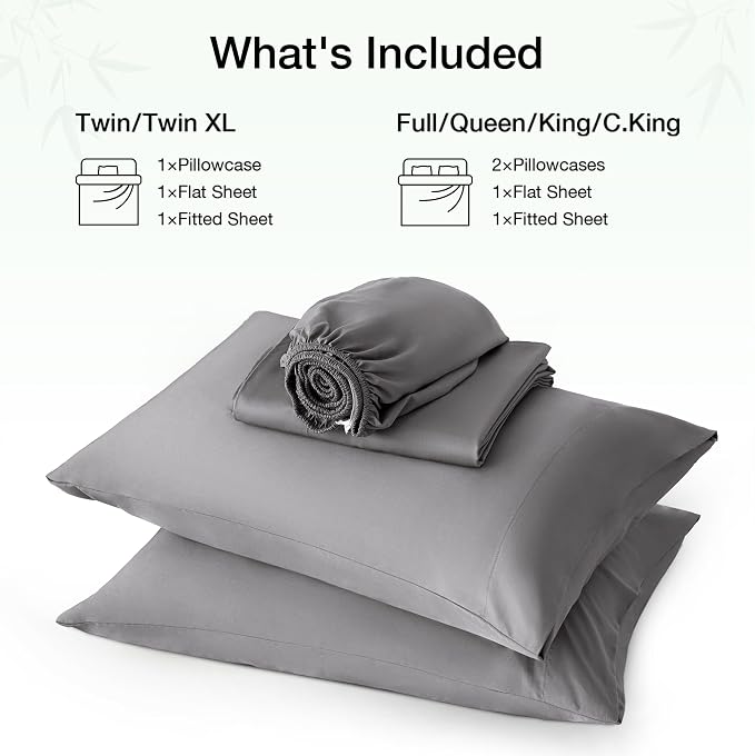 Love's cabin 4 Piece Full Size Sheet Set, 100% Rayon Derived from Bamboo, Cooling & Breathable, Soft Silky Deep Pocket up to 16", Hotel Luxury Bedding for Hot Sleepers, Grey