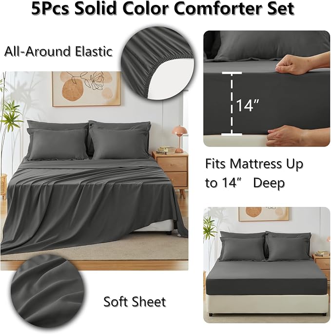 Twin Comforter Dark Grey, 5 Pieces Bed in a Bag | College Dorm Essentials, OEKO-TEX Certified, 240GSM Down Alternative Comforter, Flat & Fitted Sheets, Pillowcase & Sham
