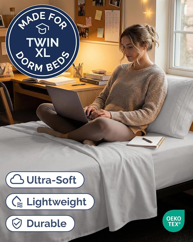 Twin XL 3 Piece Sheet Set - College Dorm Room Essentials - French Grey | Deep Pocket Bed Sheets for Women, Men, Teens & Students, Soft, Cooling, Breathable & Wrinkle Free, Oeko-Tex Bed Sheet Set
