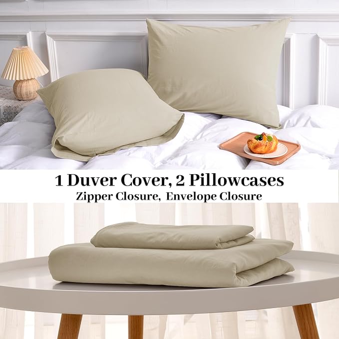 NEXHOME PRO Duvet Cover Set 100% Washed Cotton Full Size Linen Feel Textured Organic Natural 3 Pieces Bedding Set with Zipper Closure and Corner Ties, Breathable(Cream Grey, No Comforter)