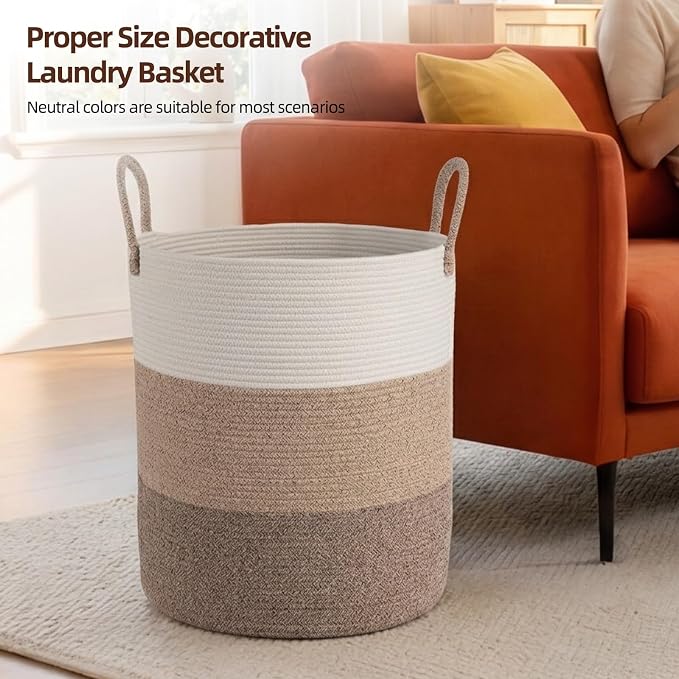 OIAHOMY 60L Nursery Hamper Laundry Basket Laundry Hamper Gradient Brown | collapsible Blanket Basket Cotton Rope Woven Basket Dirty Clothes Hamper Baby Hamper Tall Clothes Hamper with Handles