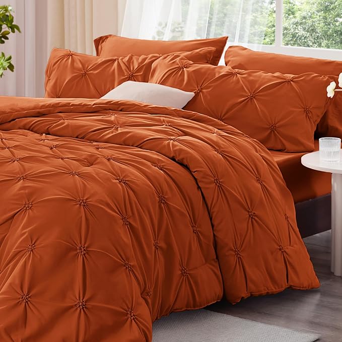 BEDELITE Queen Comforter Set Burnt Orange,Lightweight & Soft Comforter | Pintuck Boho Bedding, Warm & Cute Bed Set for All Season,With 2 Pillowcases