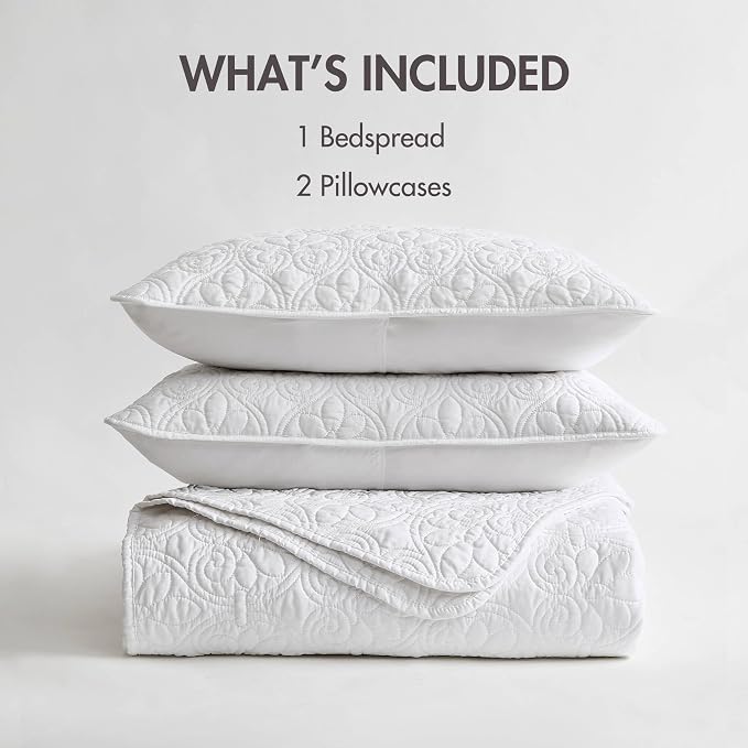 Madison Park Twin Quilt Bedding Set, Cottage-Inspired Damask, 2PC | All Season Quilted Coverlet, Classic Stitch Pattern Bedspread & Shams, Ultra Soft Microfiber Bedspread Set, White