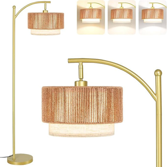 SUNMORY Arc Floor Lamps for Living Room, Rattan Standing lamp with 12W Bulb | Arched LED Lamp with 3 Color Temperatures, Farmhouse Floor Lamps with Adjustable Shades, Boho Floor Lamp for Bedroom, Corner