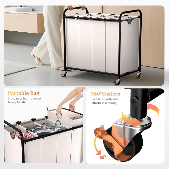 Laundry Sorter 4 Sections 48 Gal, Rolling Laundry Basket with Wheels ＆ Lid | Laundry Hamper, 4 Separated Removable Bags, Lockable Wheels, Dirty Clothes Hamper for Laundry Room Organizer, White