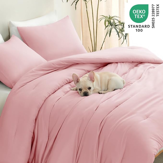 King Comforter Set, 3 Pieces Down Alternative Bedding, Pink | 270 GSM All Season Comforter with 4 Corner Ties for Use as a Duvet Insert, OEKO-TEX Certified, 2 Pillowcases, 102 x 90 in