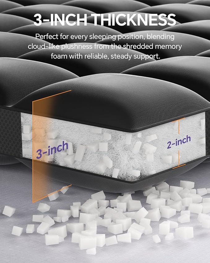Dual Layer 5 Inch Memory Foam Mattress Topper King | 3 Inch Pillow Top Mattress Pad Cover and 2 Inch Gel Memory Foam, 7-Zone Egg Crate & 2-in-1 Design (Black)