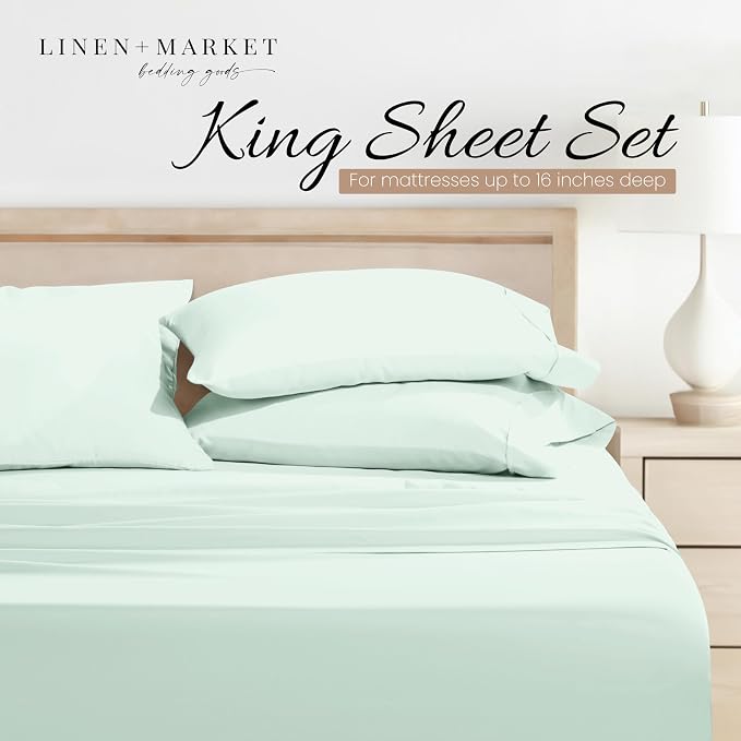 Linen Market Brushed Microfiber King Sheet Set 4 Piece – Oeko-TEX Certified Ultra Soft & Wrinkle-Free - 16" Deep Pocket Sheets - Easy Care King Size - Mint