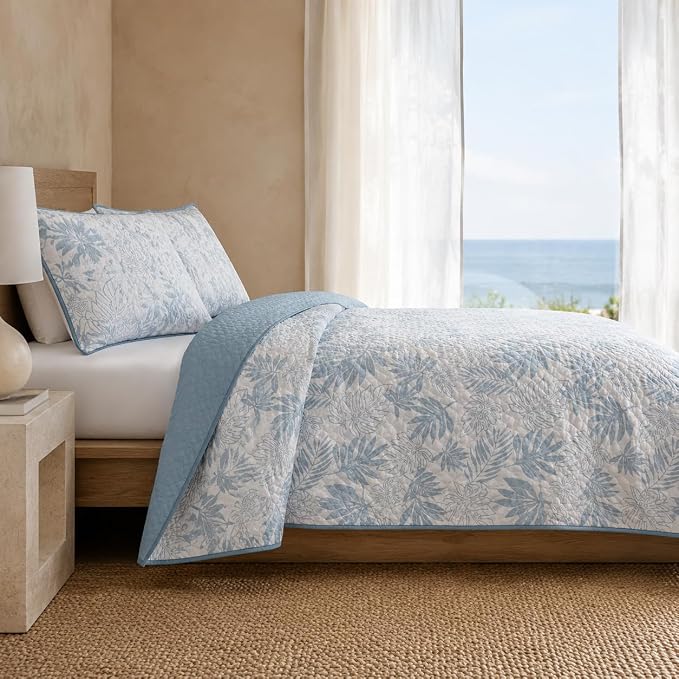 Twin/Twin XL Quilt Set-2 Pieces Soft Bedding Floral Reversible Coverlet | All Seasons Lightweight Quilts Queen Size for Bed, Breathable Vintage Bedspread with Sham, Blue Leaf