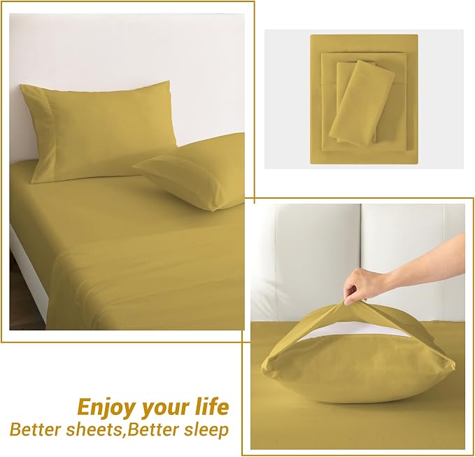 Softan Microfiber Twin Sheet Set with Non-Slip Straps, Mustard Yellow | 15" Deep Pocket Fitted Bed Sheets, Double Brushed Microfiber, Cozy Sheets & Pillowcase for All Season