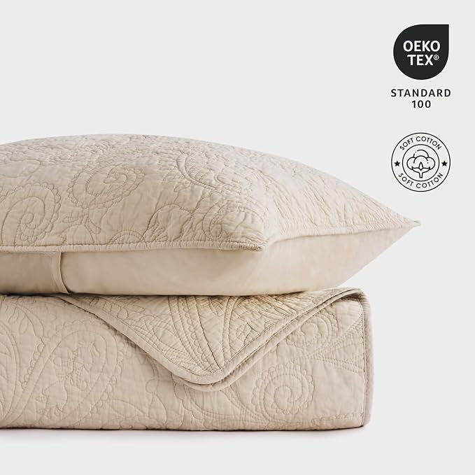 EVERGRACEHOME 100% Cotton Paisley Quilt Set, Queen Size, Flax Beige | Prewashed for Softness, Year-Round Breathability, Gift-Ready Box, Matelasse-style Quilted Coverlet, 3 Piece Set with 2 Shams