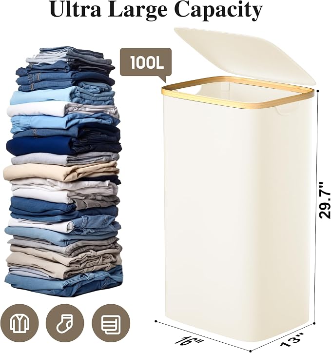 Foluck Large Laundry Hamper, 100L Waterproof Laundry Basket with Lid and Removable Bag, Collapsible Tall Clothes Hamper with Bamboo Handles for Clothes Toys in Dorm Bedroom Bathroom, Beige, ZYL101-W