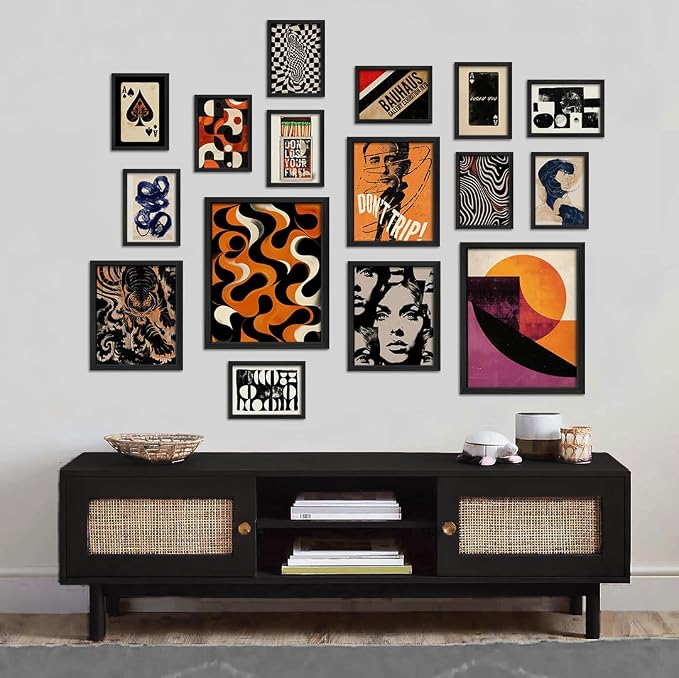 16 PCS Framed Retro 70s Wall Art Decor, Eclectic Vintage Wall Prints for Bedroom, Gallery Wall Frame Set, Abstract Posters for Living Room Aesthetic, Collage Kit, 60s 80s 90s Dorm Home Artwork