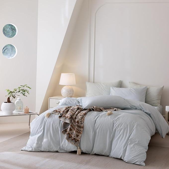 BDEAR 3Pcs Light Blue Pinstriped Duvet Cover Set Queen Size 90''Wx90''L | Light Weight Design, 1 Duvet Cover with 2 Pillowcases, Zipper Closure, OEKO TEX Standard,8 Corner Ties, Skin Friendly