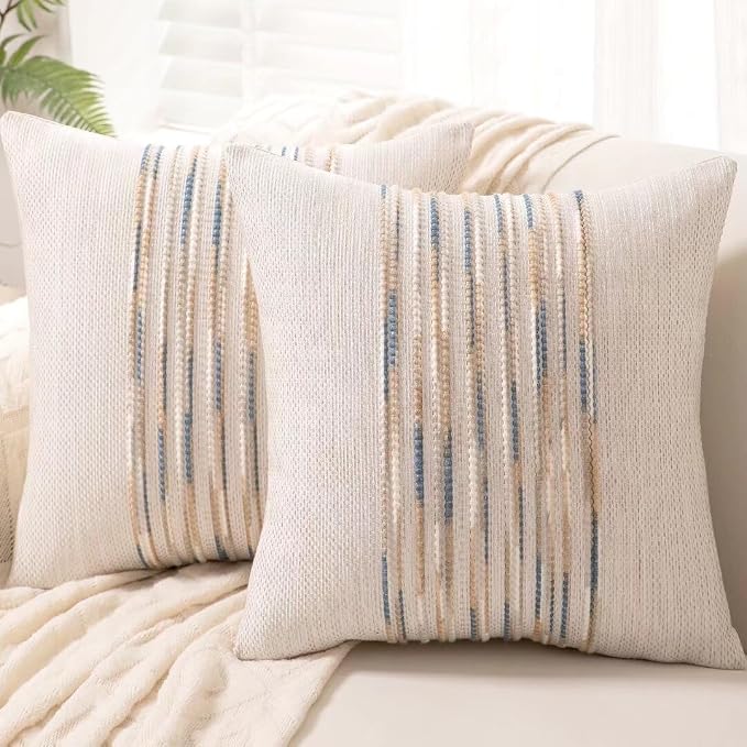 Boho Throw Pillow Covers Decorative Neutral Farmhouse Pillow case | 18x18 Set of 2 Cushion Case Striped Square Pillows Cover Couch Pillow Cases Accent Pillowcase for Sofa Bed,Yellow Blue