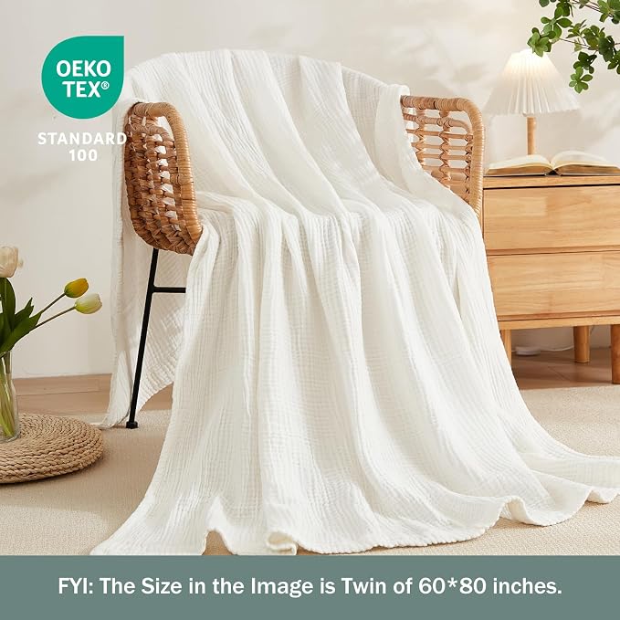 EMME Muslin Blankets for Adults Throw Blanket for Couch Breathable Gauze Soft Lightweight Airy White Queen 90" x 90"
