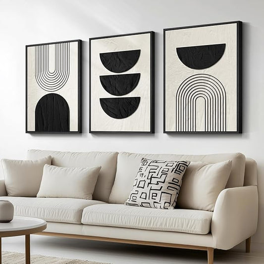 Framed Neutral Black and Beige Abstract Wall Art Set, 3 Piece Canvas Prints | Modern Minimalist Artwork, Geometric Pictures, Neutral Boho Paintings, Living Room Bedroom Home Office Wall Decor 20x30 Inch