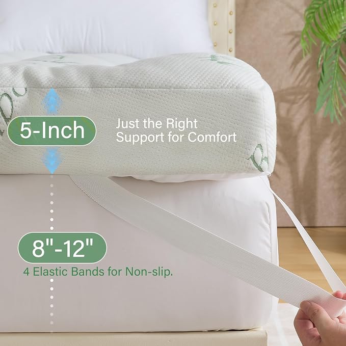 WhatsBedding 5 Inch Memory Foam Mattress Topper Twin for Back Pain Relief, Cooling Bamboo Viscose Air Layer, Supportive Pillow Top Mattress Topper