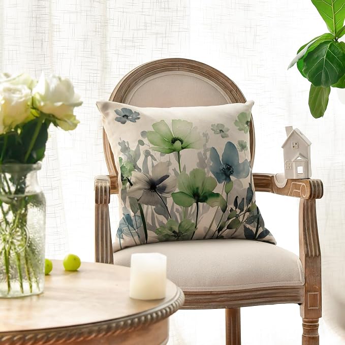 AVOIN colorlife Chinoiserie Poppy Flowers Pillow Covers 18x18 Inch Set of 2 | Blue Sage Green Seasonal Leaves Cushion Case Decoration for Sofa Couch